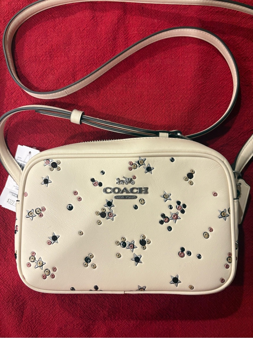 NWT Coach Mini Jamie Cream Cross Body Bag with  Multi Color Stud and Star Print